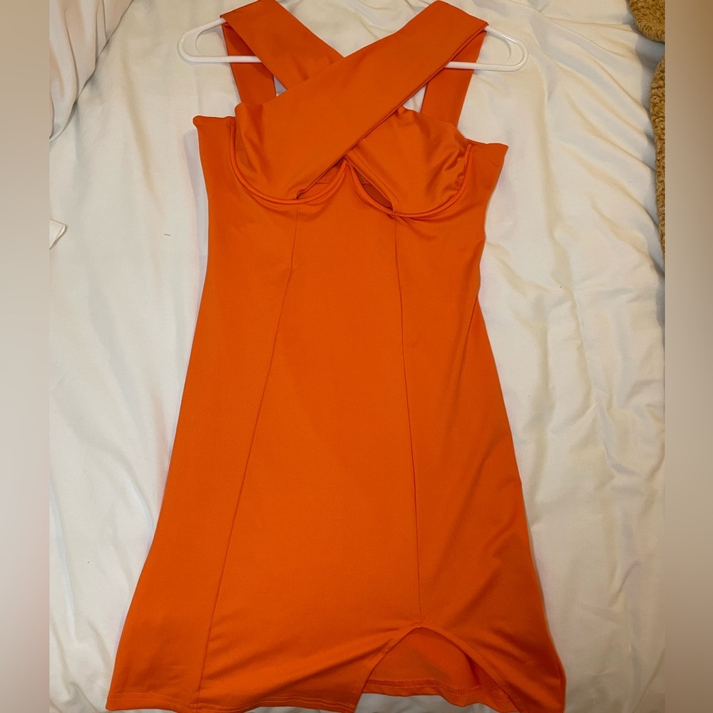 LYANER Cut Out Halter Wrap Bodycon Party Sleeveless Tank Mini Dress Orange - Picture 2 of 5